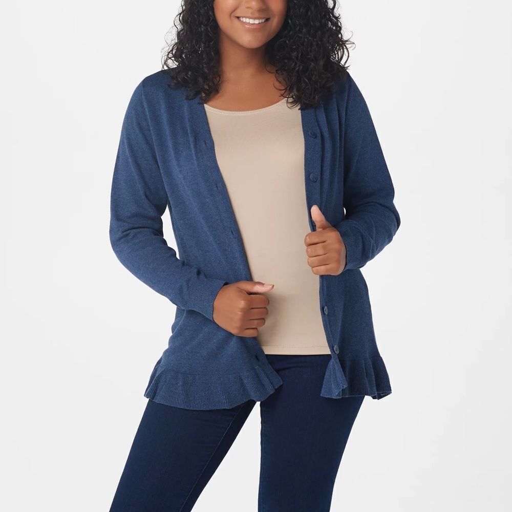 Joan Rivers Ruffle Hem Detail V-Neck Cardigan